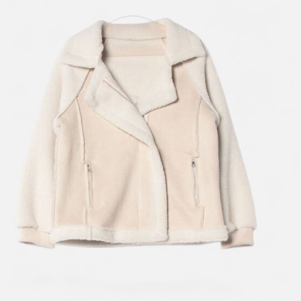 Women's Crop-Length Suede-Look Lamb-Velvet Moto Jacket – Beige