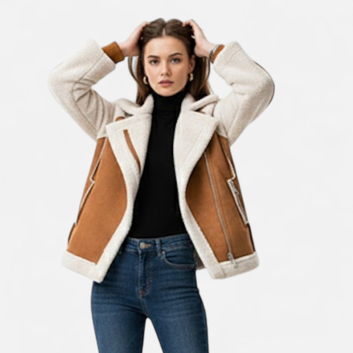 Women's Crop-Length Suede-Look Lamb-Velvet Moto Jacket – view 3