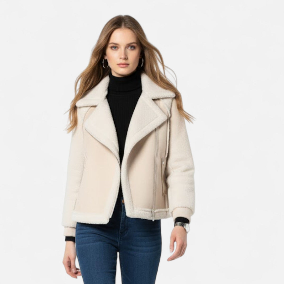 Women's Crop-Length Suede-Look Lamb-Velvet Moto Jacket – view 5