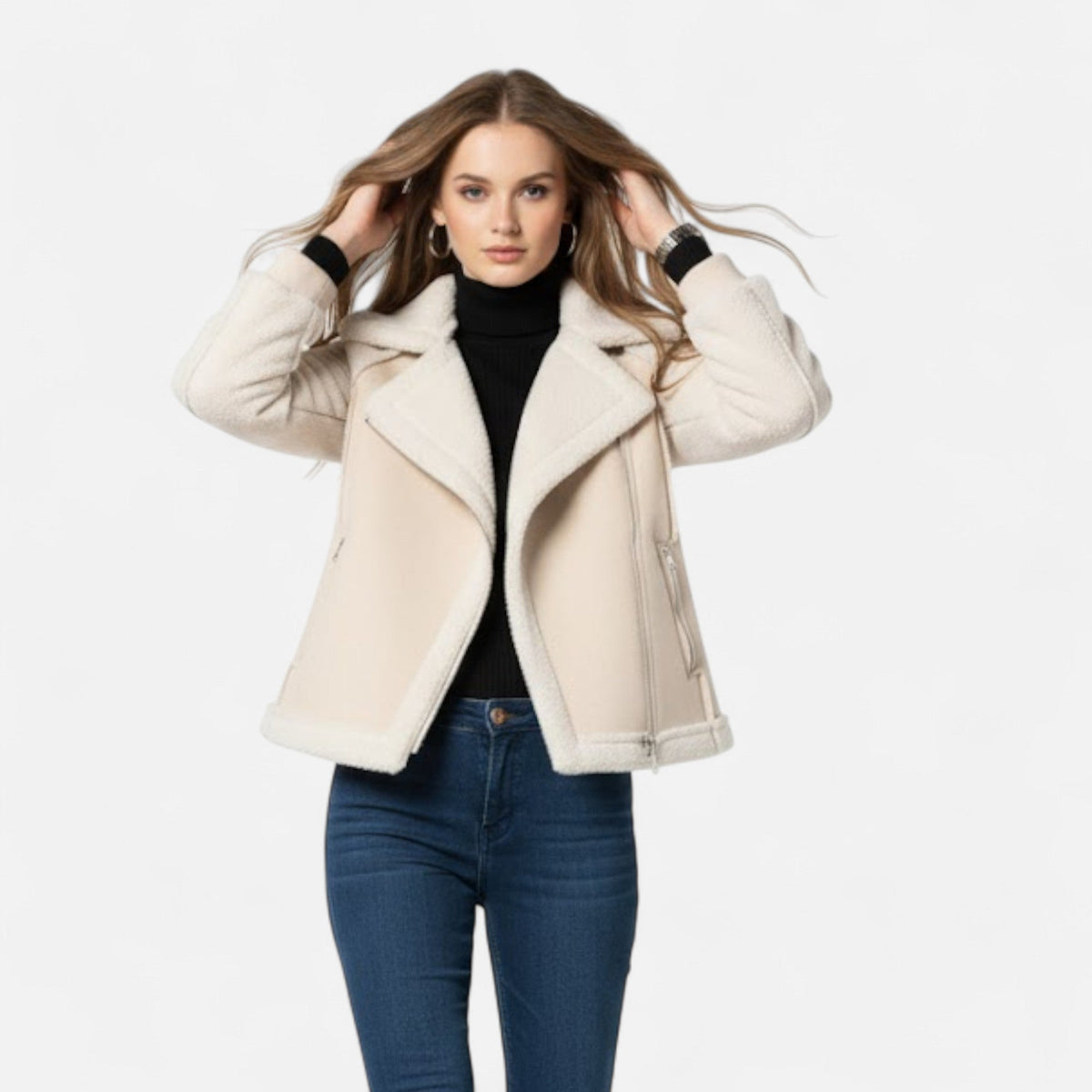 Women's Crop-Length Suede-Look Lamb-Velvet Moto Jacket – view 6