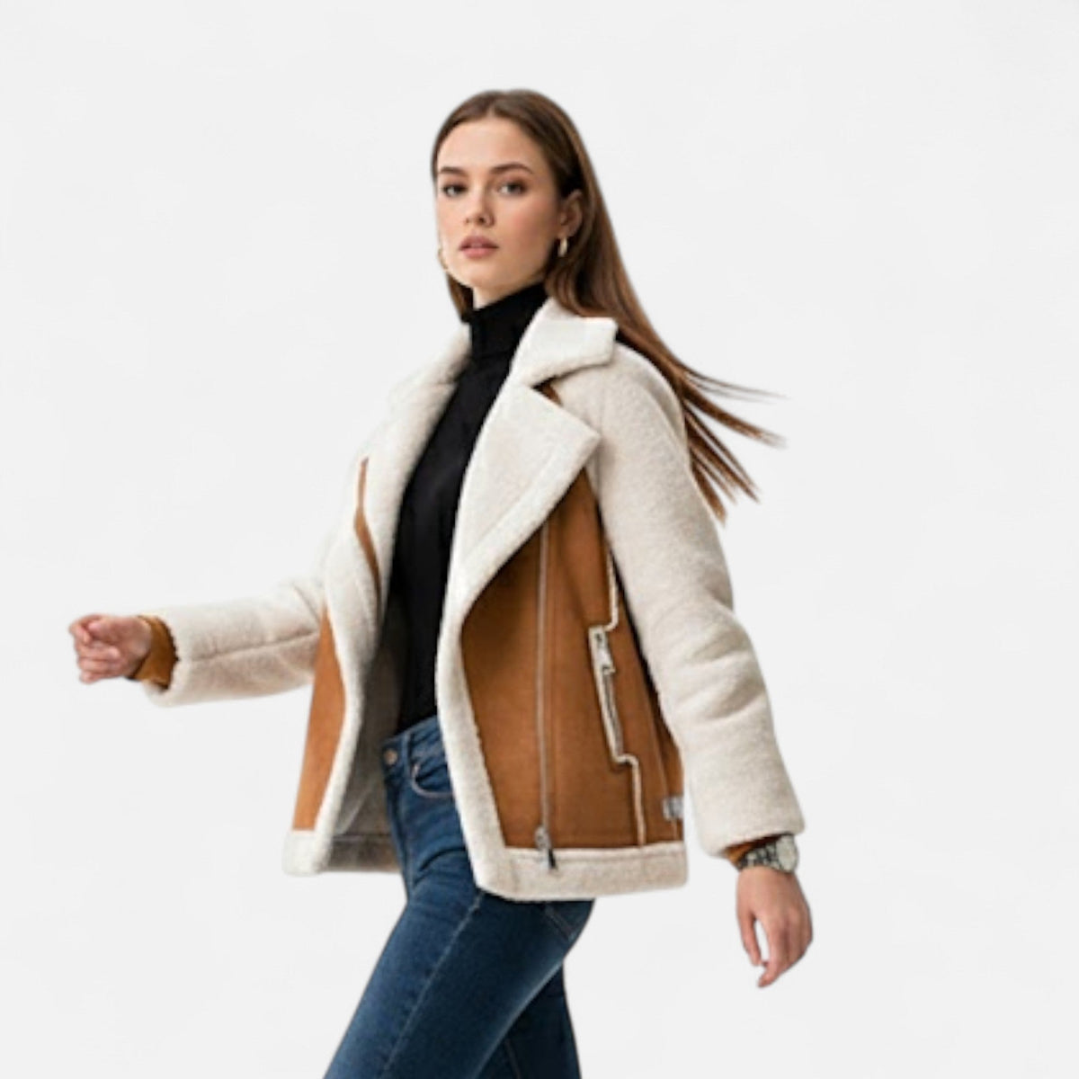 Women's Crop-Length Suede-Look Lamb-Velvet Moto Jacket – view 2