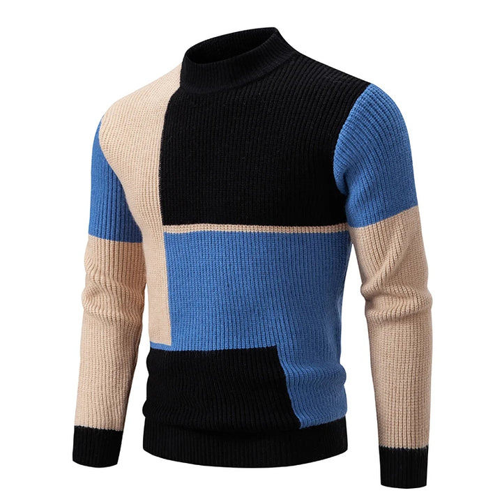 Men's Geometric Color-Block Rib-Knit Pullover – Black/Blue/Khaki