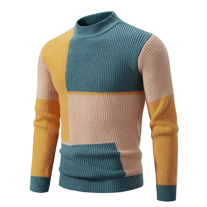 Men's Geometric Color-Block Rib-Knit Pullover – Yellow/Green/Khaki