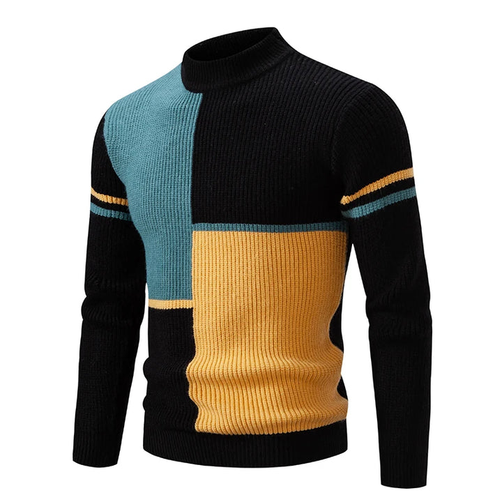 Men's Geometric Color-Block Rib-Knit Pullover – Black/Green/Yellow