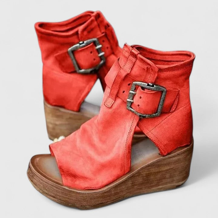 Women's Support Buckle-Detail Wedge-Heel Sandals – Red