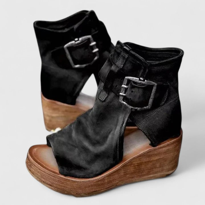 Women's Support Buckle-Detail Wedge-Heel Sandals – Black