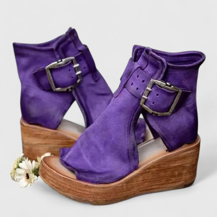 Women's Support Buckle-Detail Wedge-Heel Sandals – Purple