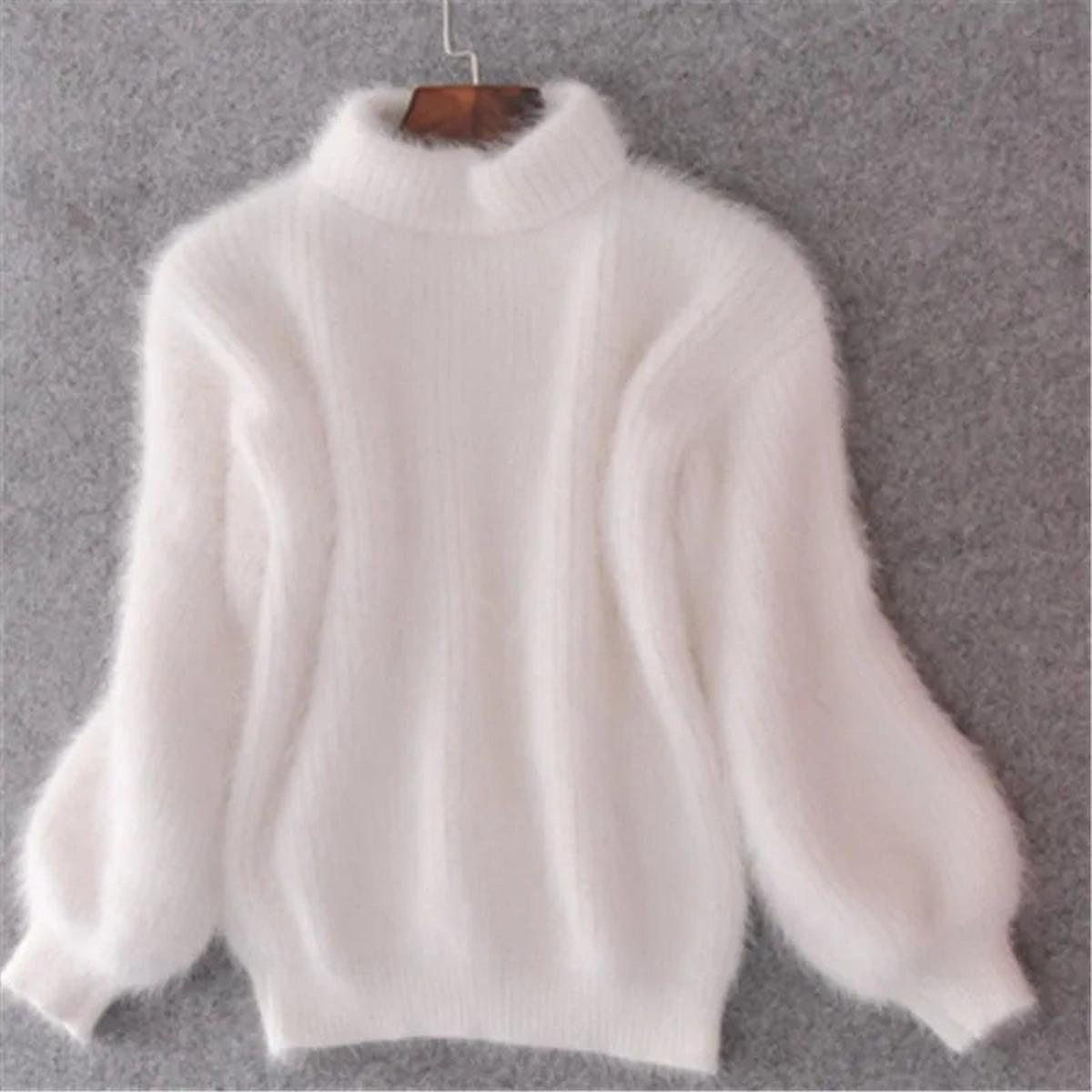 Women's High Neck Fluffy Plush Knit Pullover – White