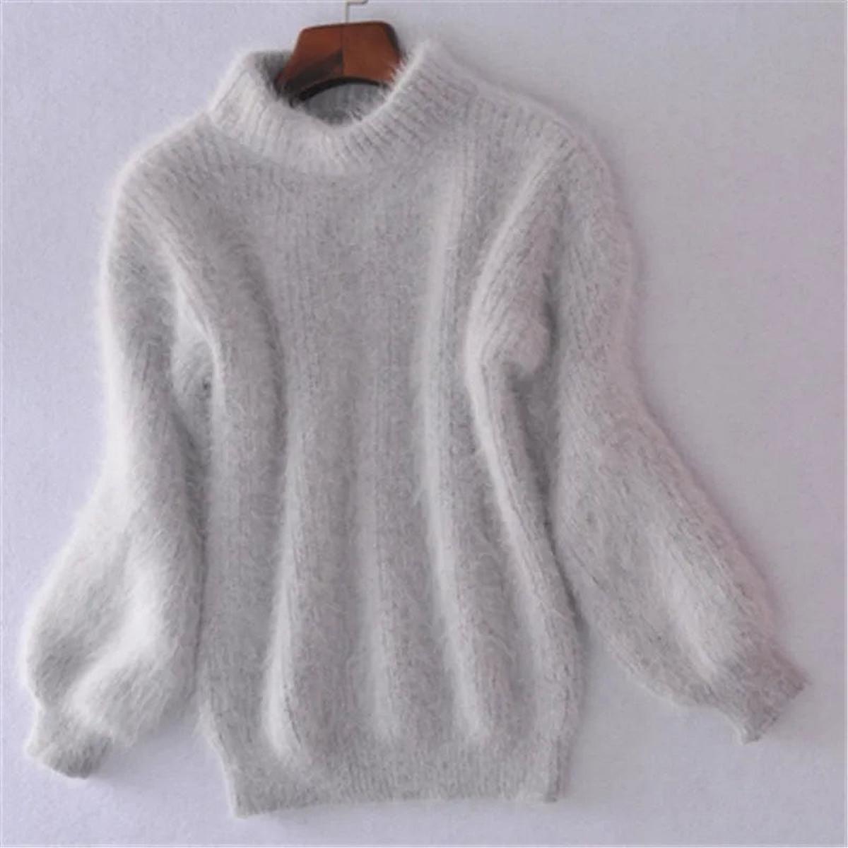 Women's High Neck Fluffy Plush Knit Pullover – Gray