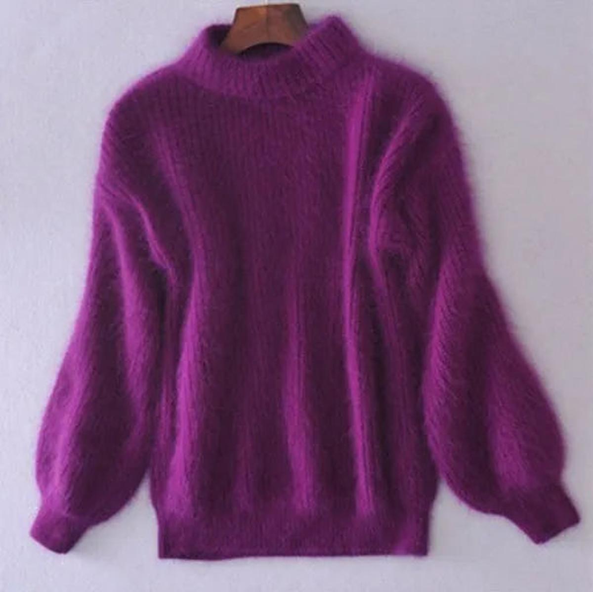 Women's High Neck Fluffy Plush Knit Pullover – Purple
