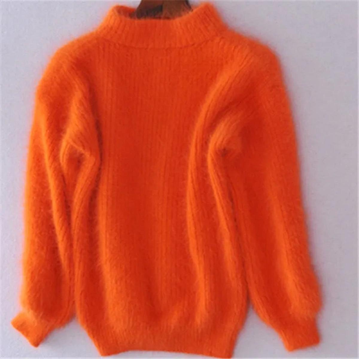 Women's High Neck Fluffy Plush Knit Pullover – Orange