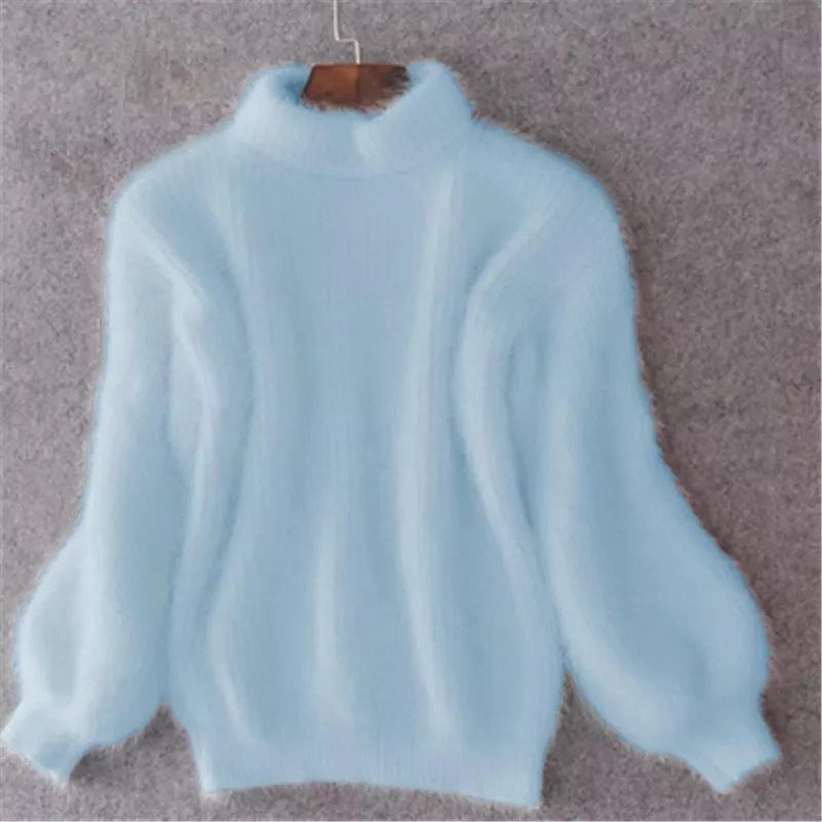 Women's High Neck Fluffy Plush Knit Pullover – Blue