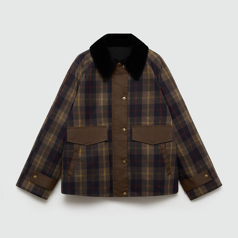 Women's Plaid Plush-Fur Collar Jacket – Brown