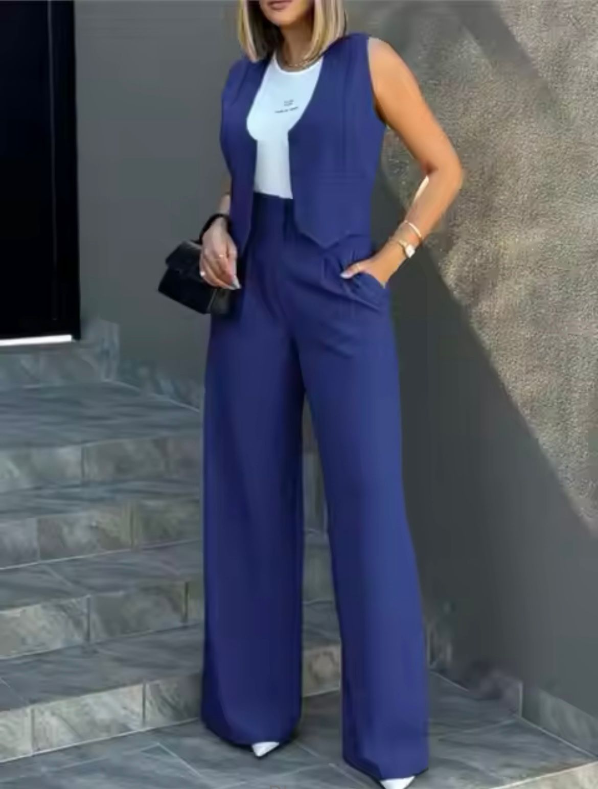 Women's Fitted Waistcoat and Flared-Leg Trouser Set – Dark Blue