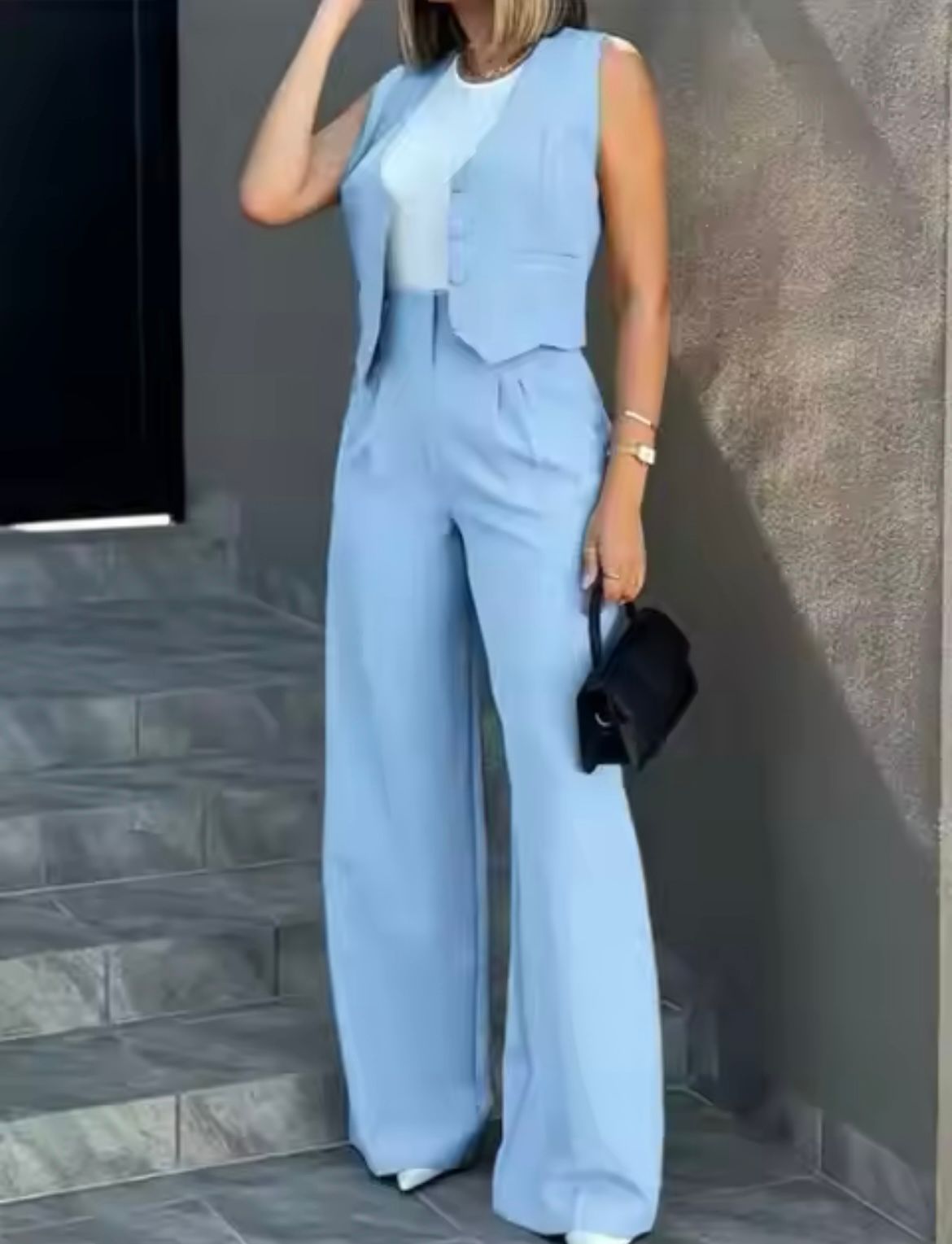 Women's Fitted Waistcoat and Flared-Leg Trouser Set – Light Blue