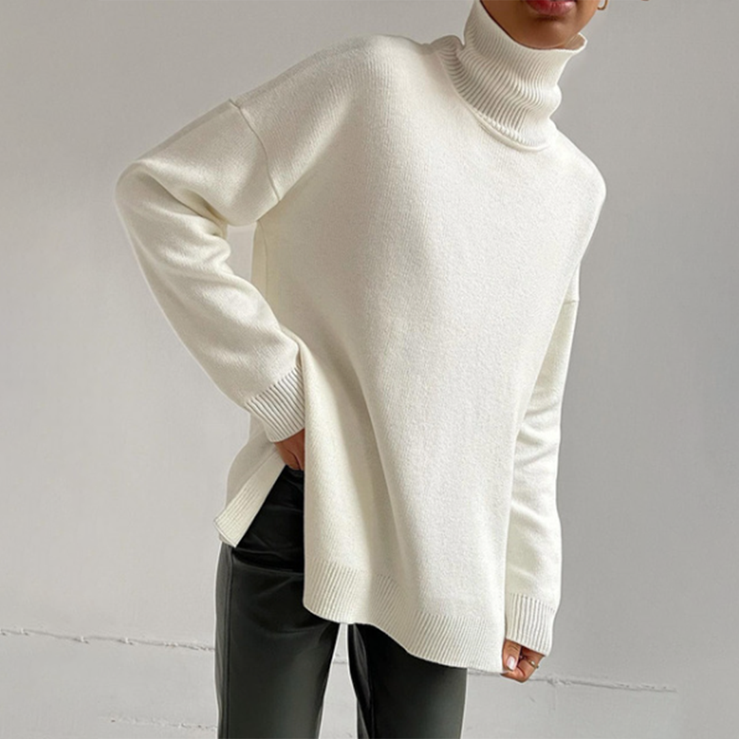 Women's Easy-Fit Roll-Neck Knit Pullover with Side Splits – White