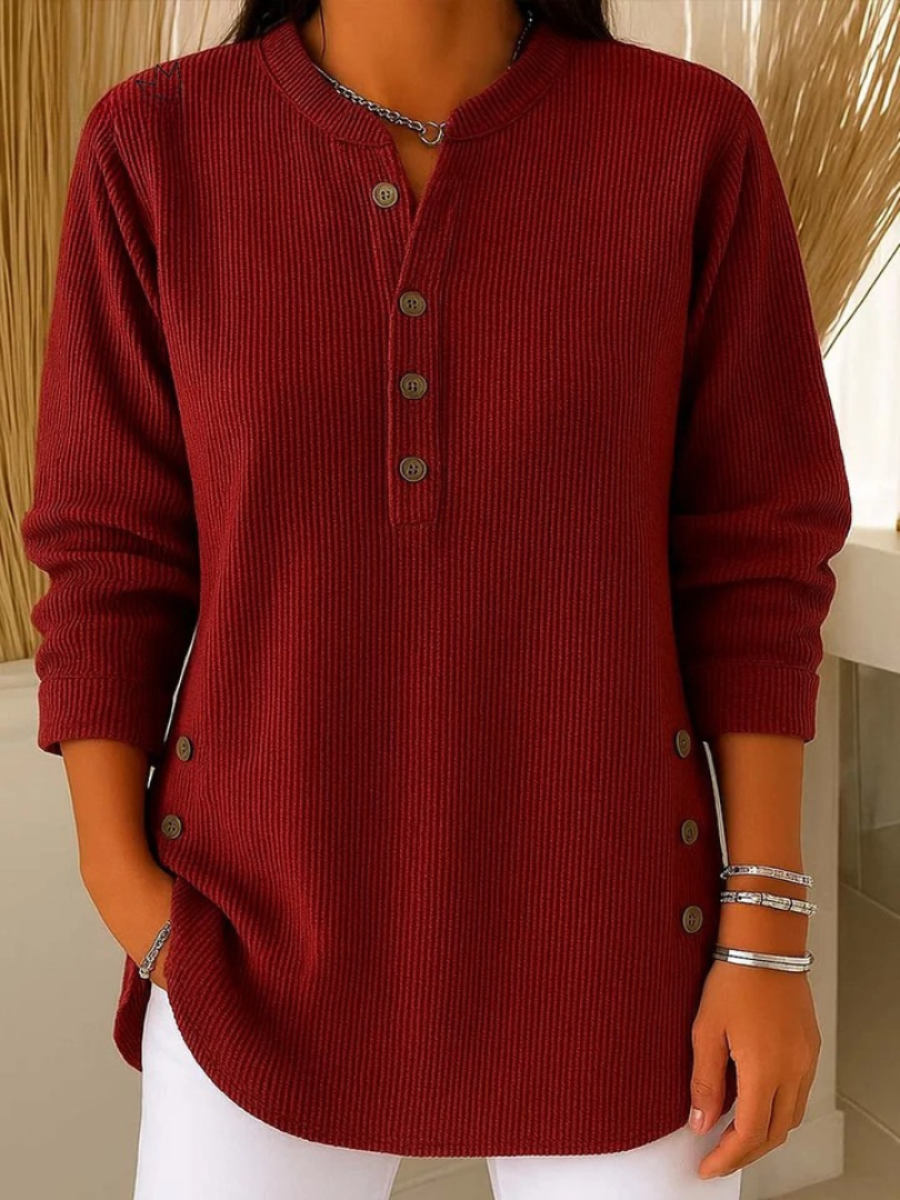 Women's Rib-Knit Henley Top – Red