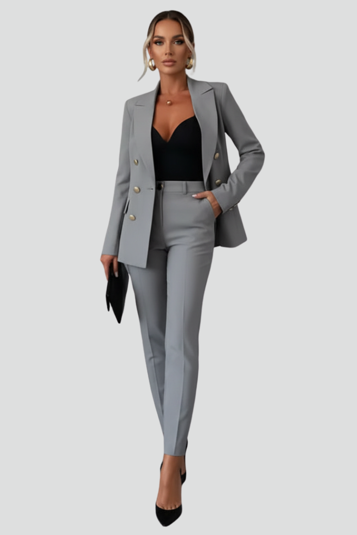 Women's Double-Breast Blazer Trouser Set – Gray