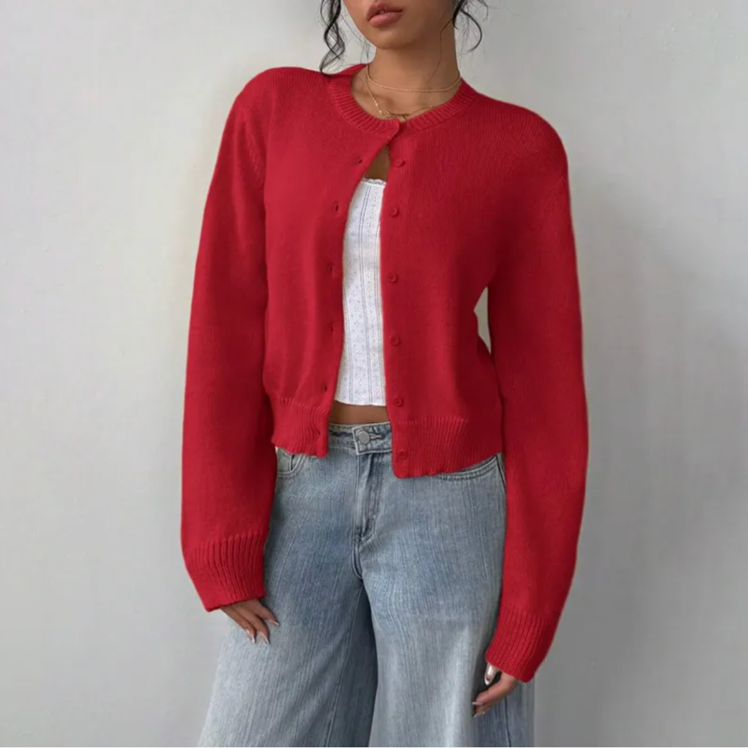 Women's Crop-Length Button-Front Knit Cardigan – Red