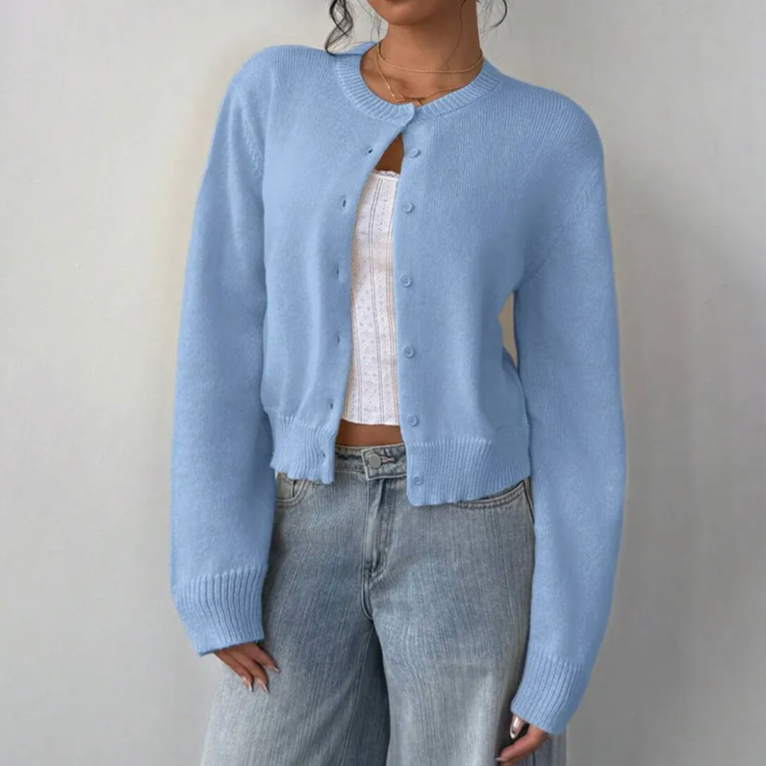 Women's Crop-Length Button-Front Knit Cardigan – Light Blue