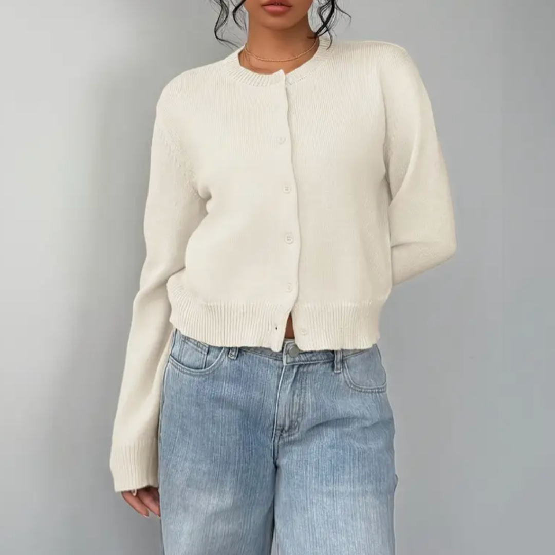 Women's Crop-Length Button-Front Knit Cardigan – White