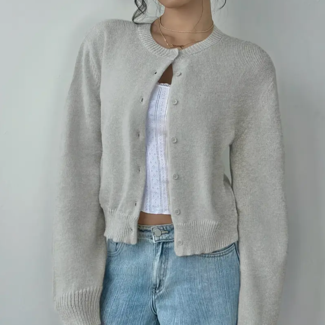 Women's Crop-Length Button-Front Knit Cardigan – Gray