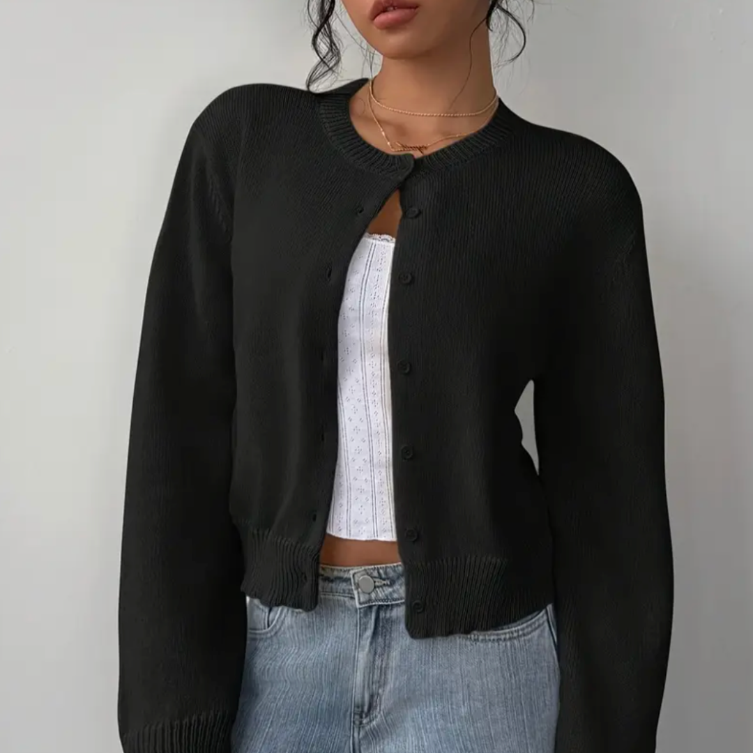 Women's Crop-Length Button-Front Knit Cardigan – Black