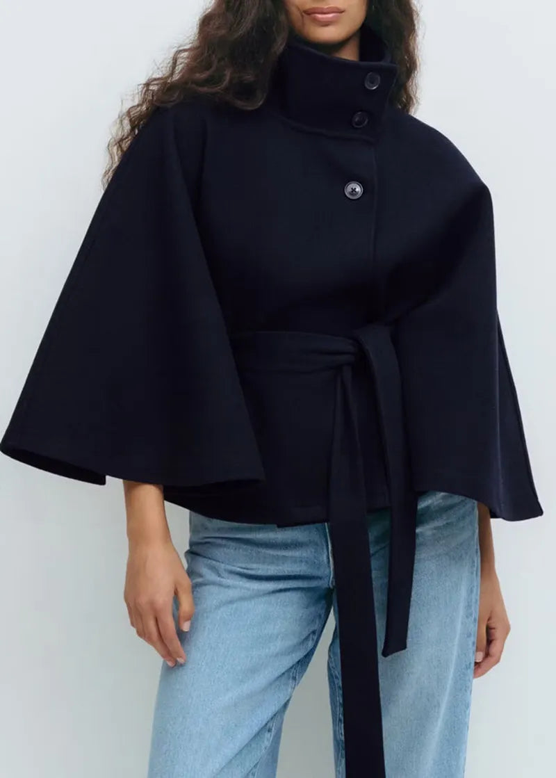 Women's Belt-Detail High-Neck Cape Jacket – Navy Blue