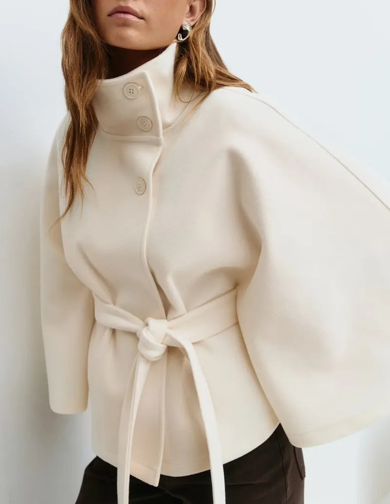 Women's Belt-Detail High-Neck Cape Jacket – White