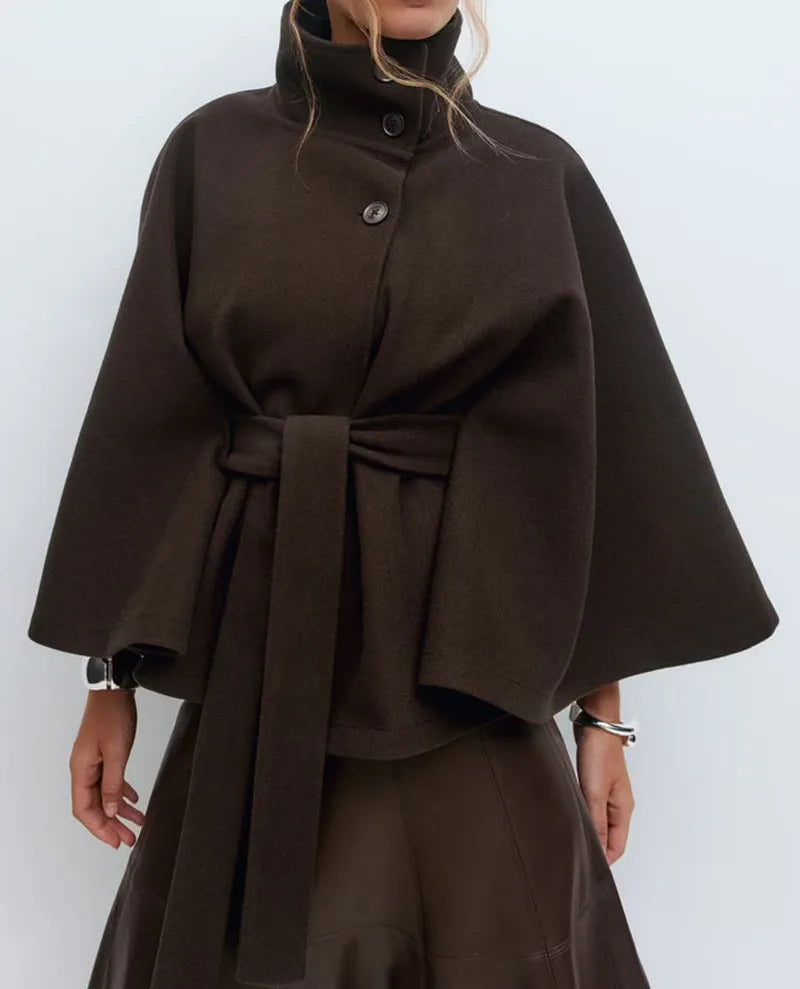 Women's Belt-Detail High-Neck Cape Jacket – Dark Brown