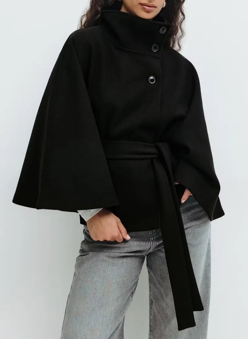 Women's Belt-Detail High-Neck Cape Jacket – Black
