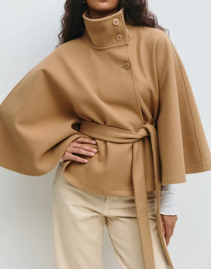 Women's Belt-Detail High-Neck Cape Jacket – Khaki