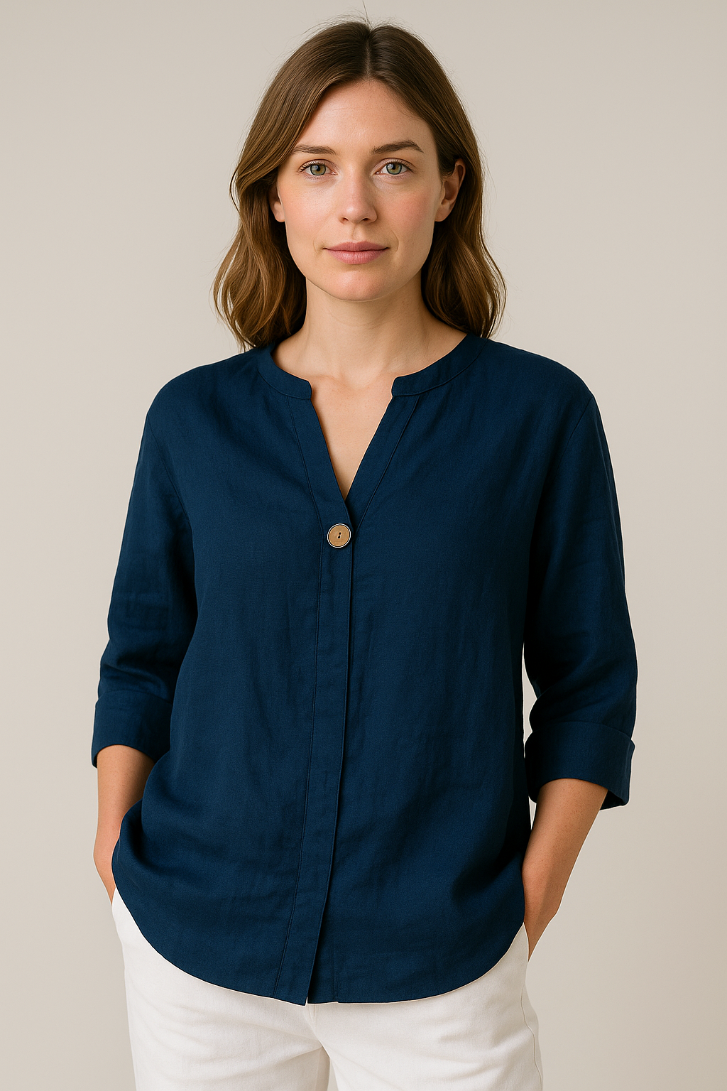 Women's V-Neckline Button Blouse – Navy Blue