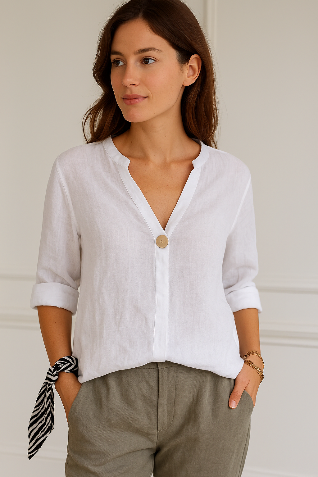 Women's V-Neckline Button Blouse – White