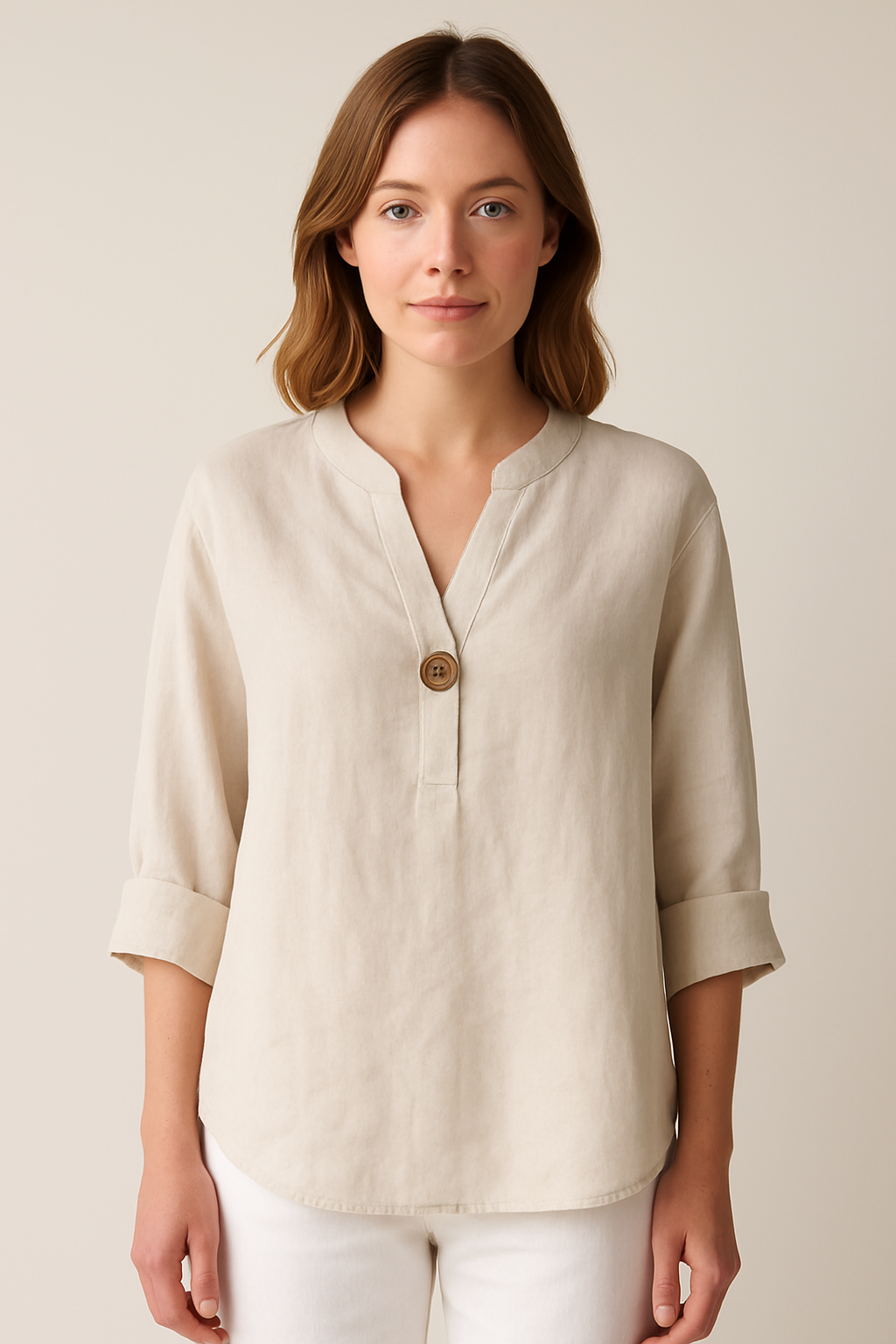 Women's V-Neckline Button Blouse – Beige