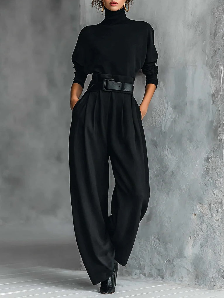 Women's High-Neck Wide-Cut Jumpsuit Set – Black
