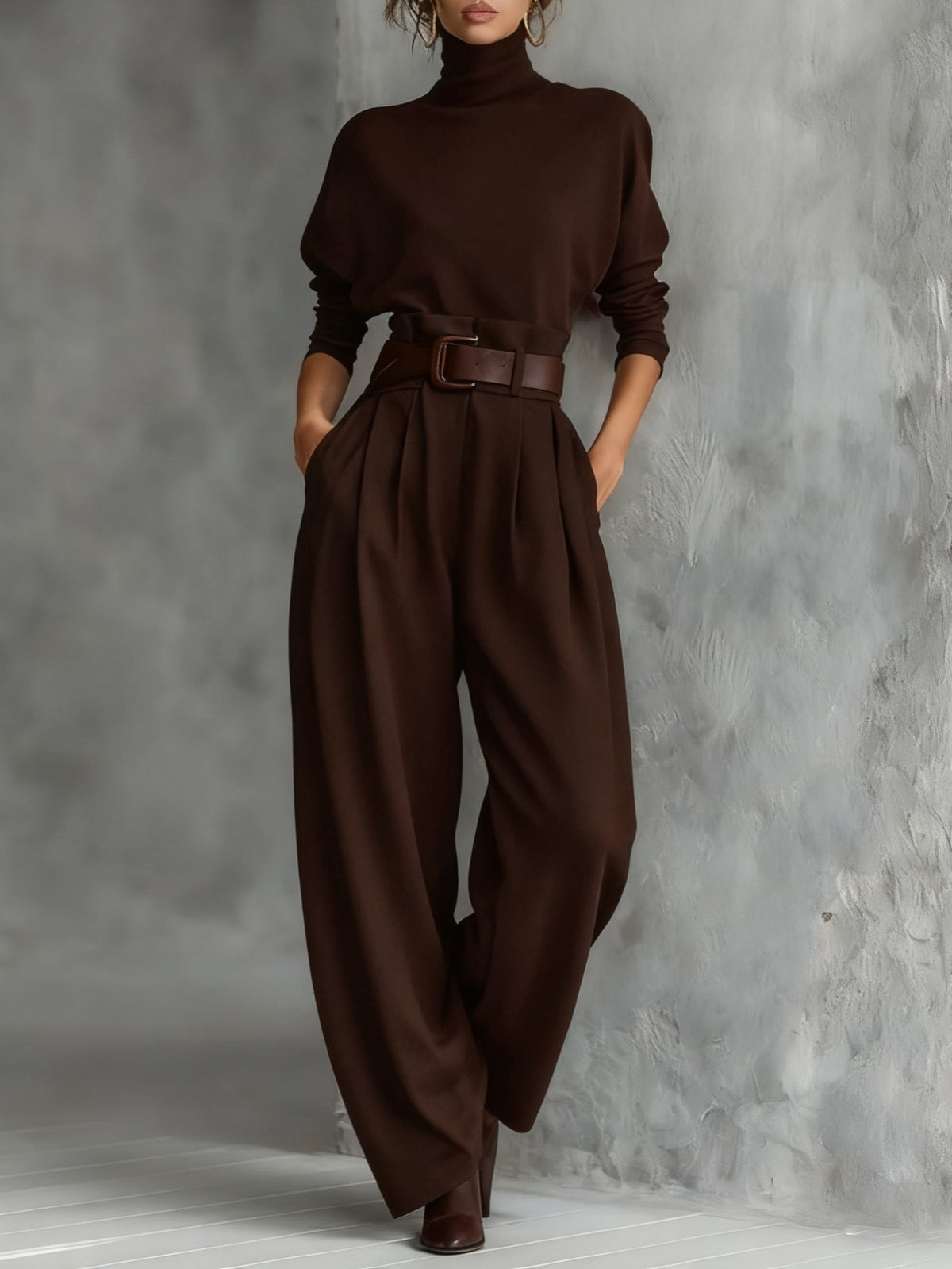 Women's High-Neck Wide-Cut Jumpsuit Set – Brown