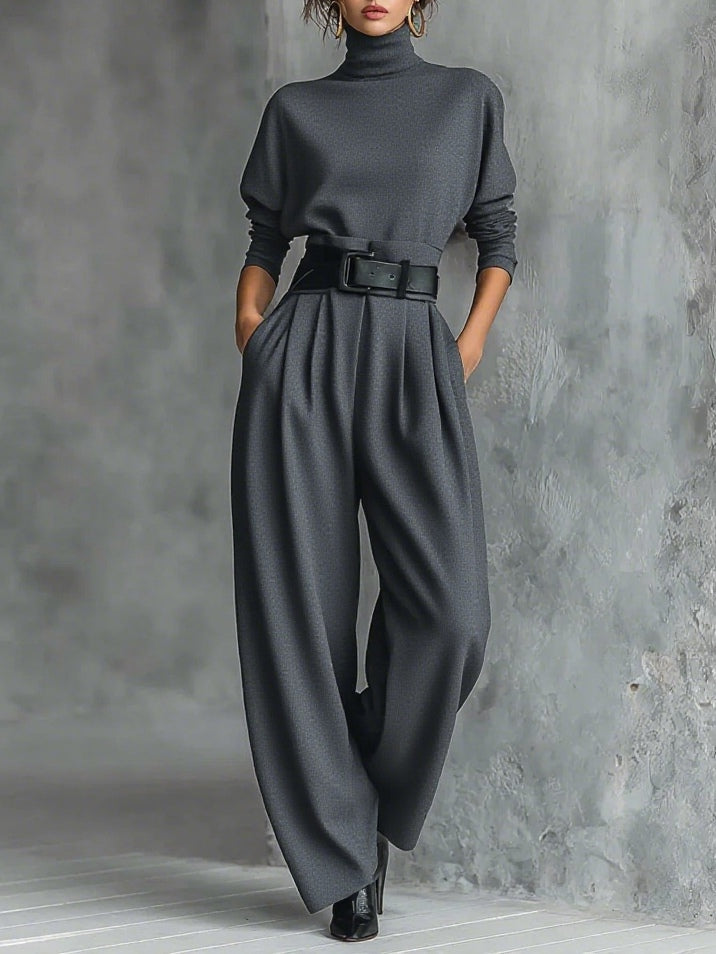 Women's High-Neck Wide-Cut Jumpsuit Set – Gray