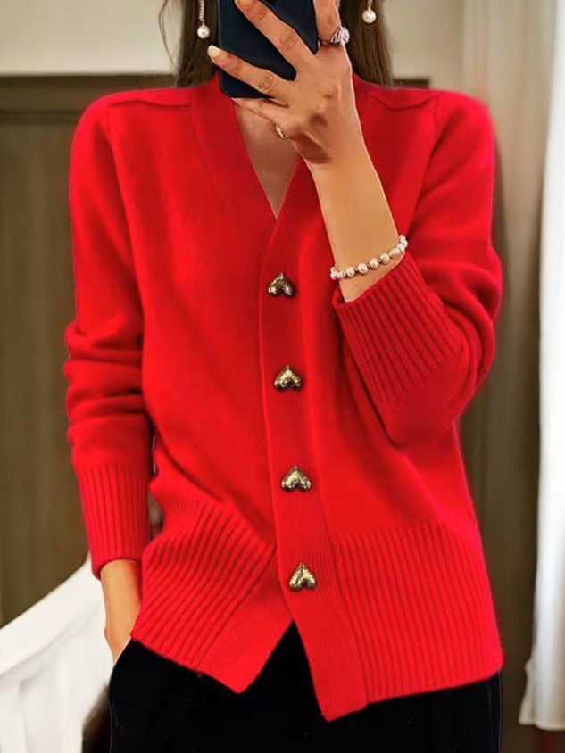 Women's Heart-Button V-Neckline Knit Cardigan – Red
