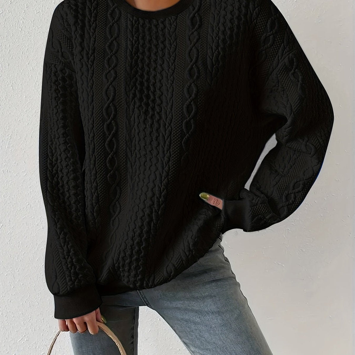 Women's Cable-Stitch Crew-Neck Sweatshirt – Black
