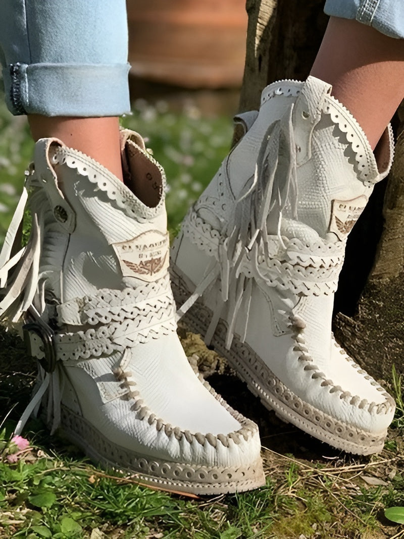 Women's Fringe Booties with Woven Detail – White