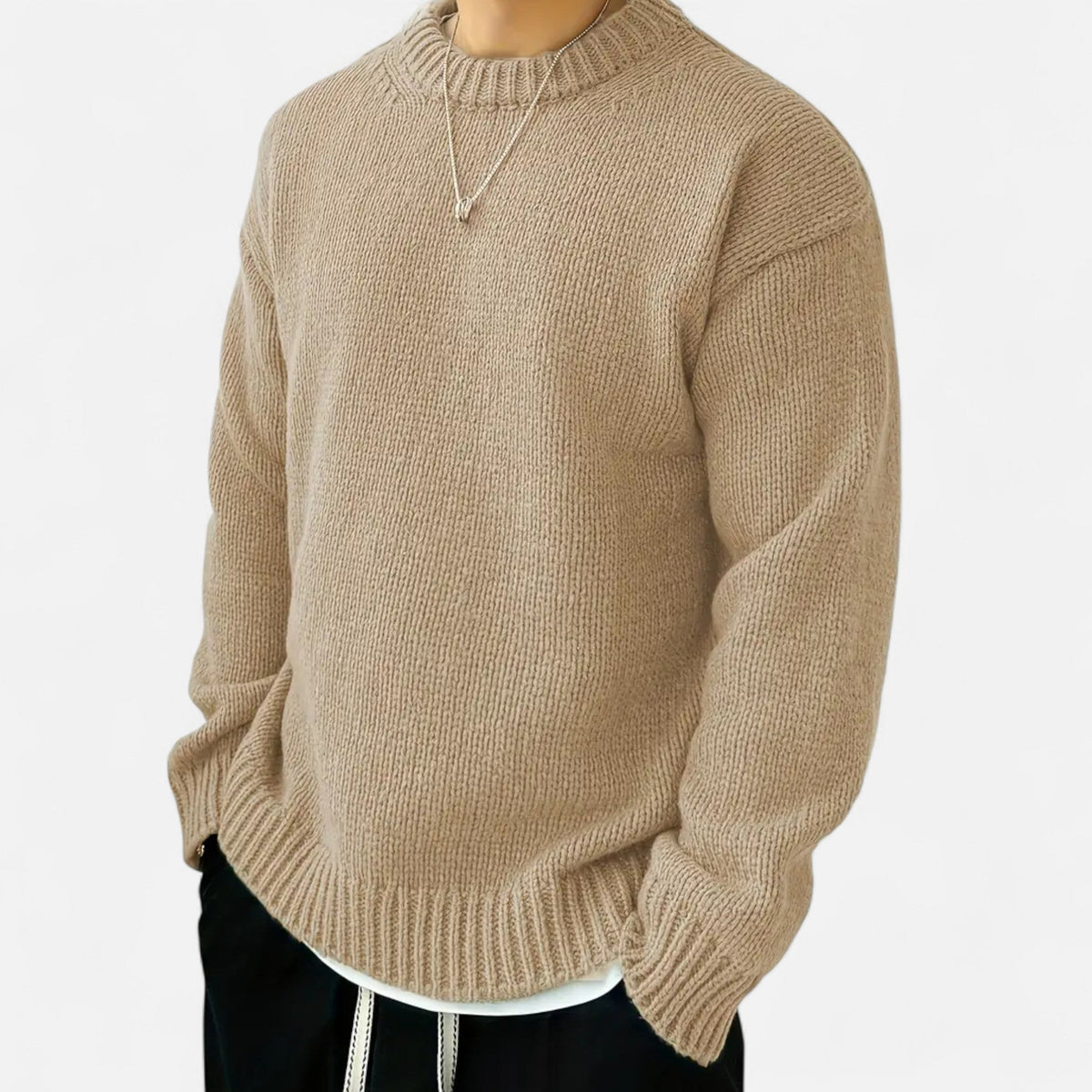 Men's Solid Crewneck Knit Sweater – Beige