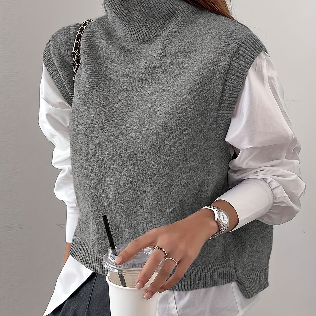 Women's High-Neck Knit Sweater Vest for Weekends – Gray
