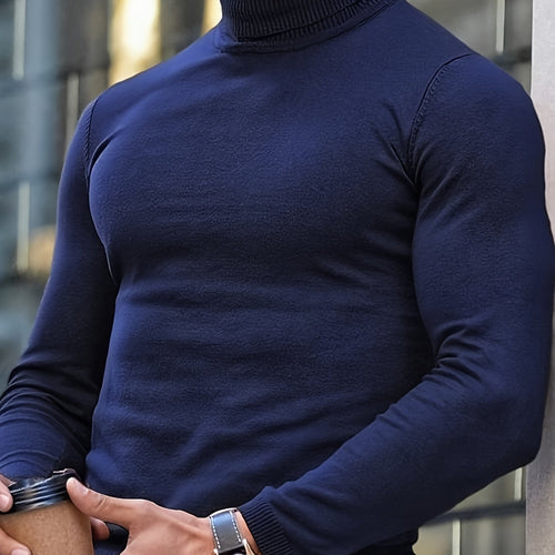 Men's High Neck Fitted Roll-Neck Knit Pullover – Navy