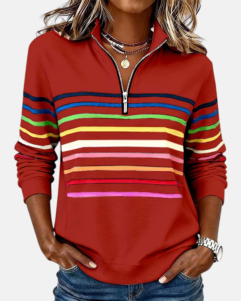 Women's Stripe-Detail Half-Zip Sweatshirt – Red