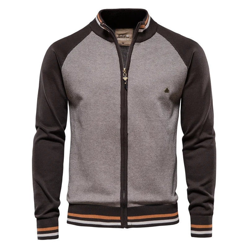 Men's Cotton Stand Collar Full-Zip Knit Cardigan – Brown