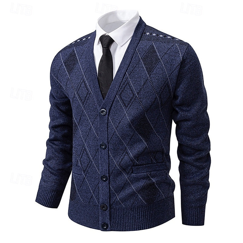 Men's Argyle V-Neckline Button Knit Cardigan – Navy Blue