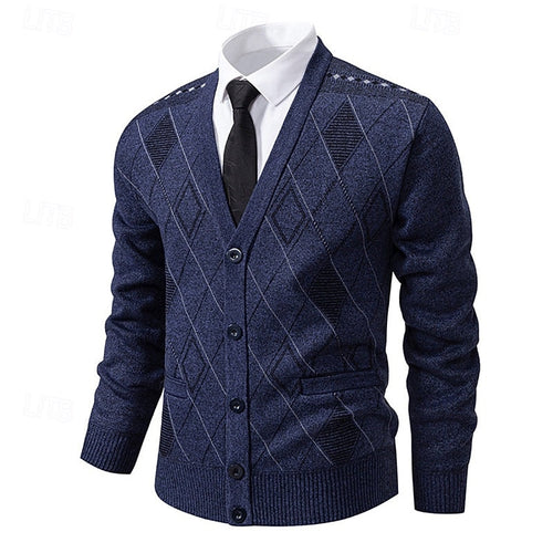 Men's Argyle V-Neckline Button Knit Cardigan – Navy Blue