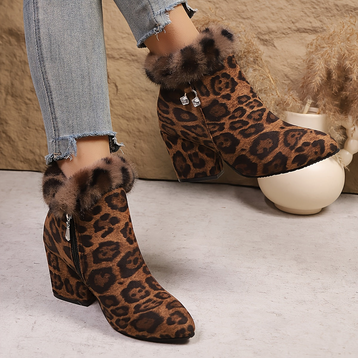 Women's Plush-Trim Pointed-Toe Booties – Leopard Print