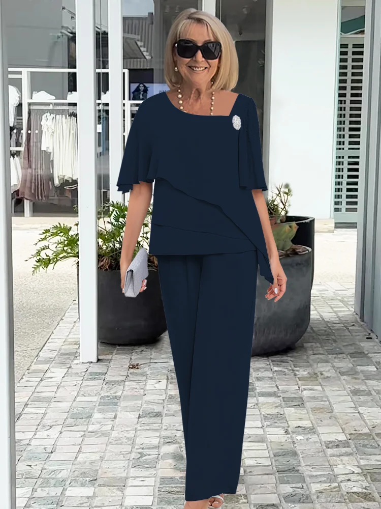Women's Draped Overlay Two Piece Pants Set for Layering – Navy Blue